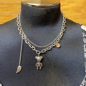 Silver Layered Necklace with Bear Pendant